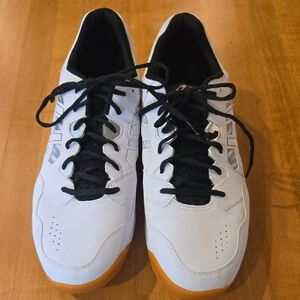 Asics White and Black Athletic Shoes with Orange Sole